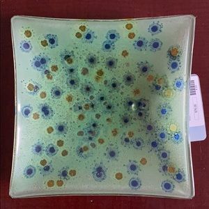 Handmade glass tray ‘Autumn Promise. Greens/blue